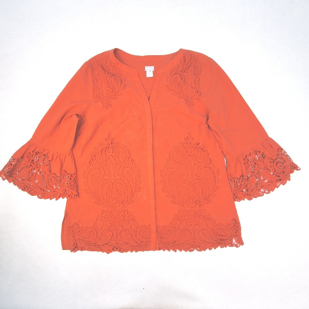 Chicos Blouse Womens Large Burnt‎ Orange Embroidered Eyelet Bell Sleeve Boho Top